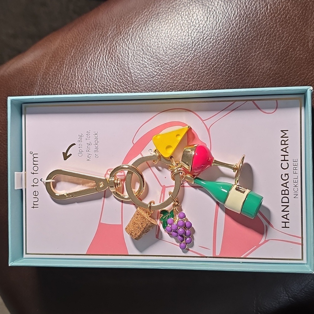 True to Form Wine Handbag Charm Clip Keychain, Wine Bottle Grapes Cheese